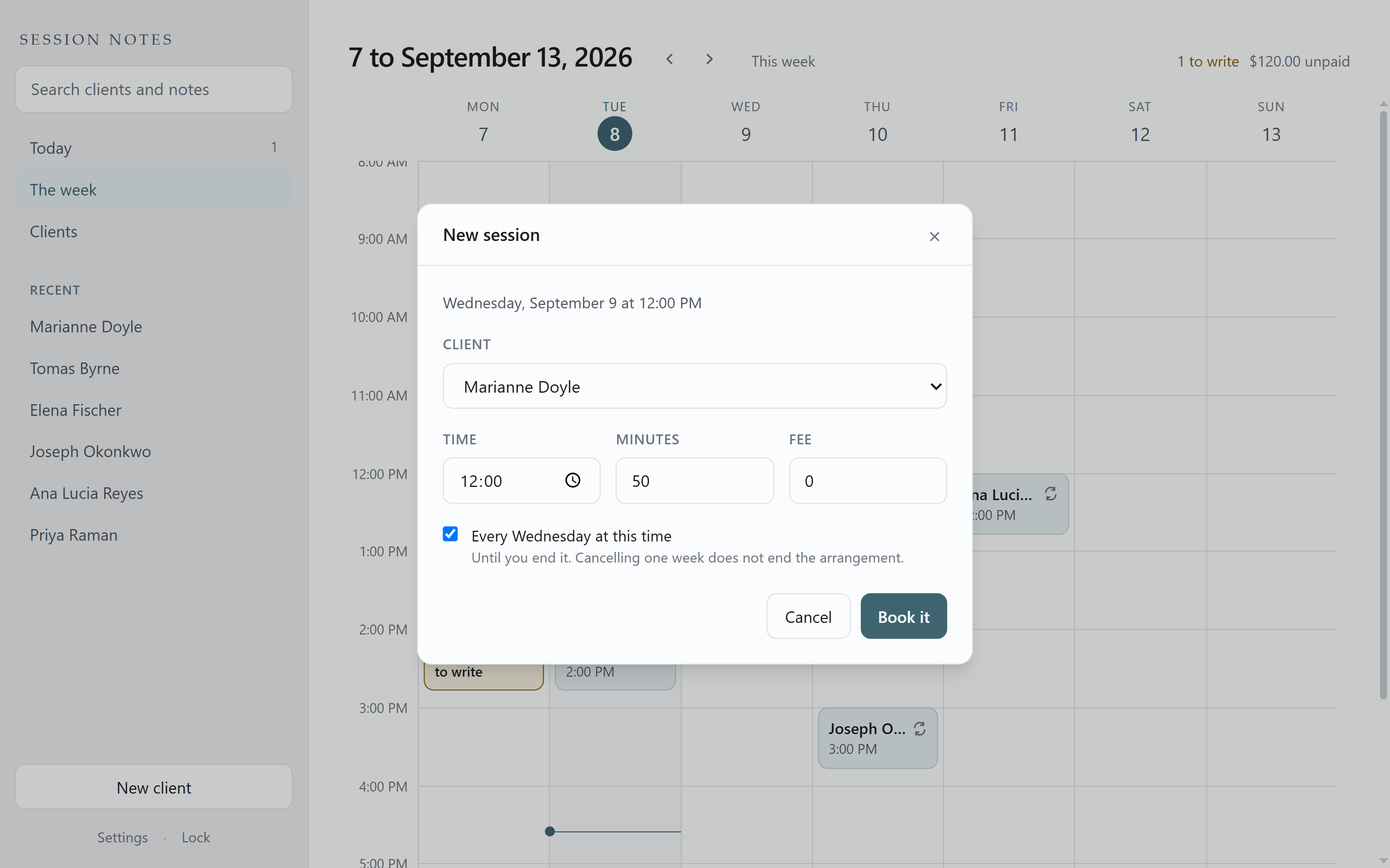 A new appointment dialog with a client, a time, a length and a fee, and a checked box reading "Every Friday at this time" with a note that cancelling one week does not end the arrangement.