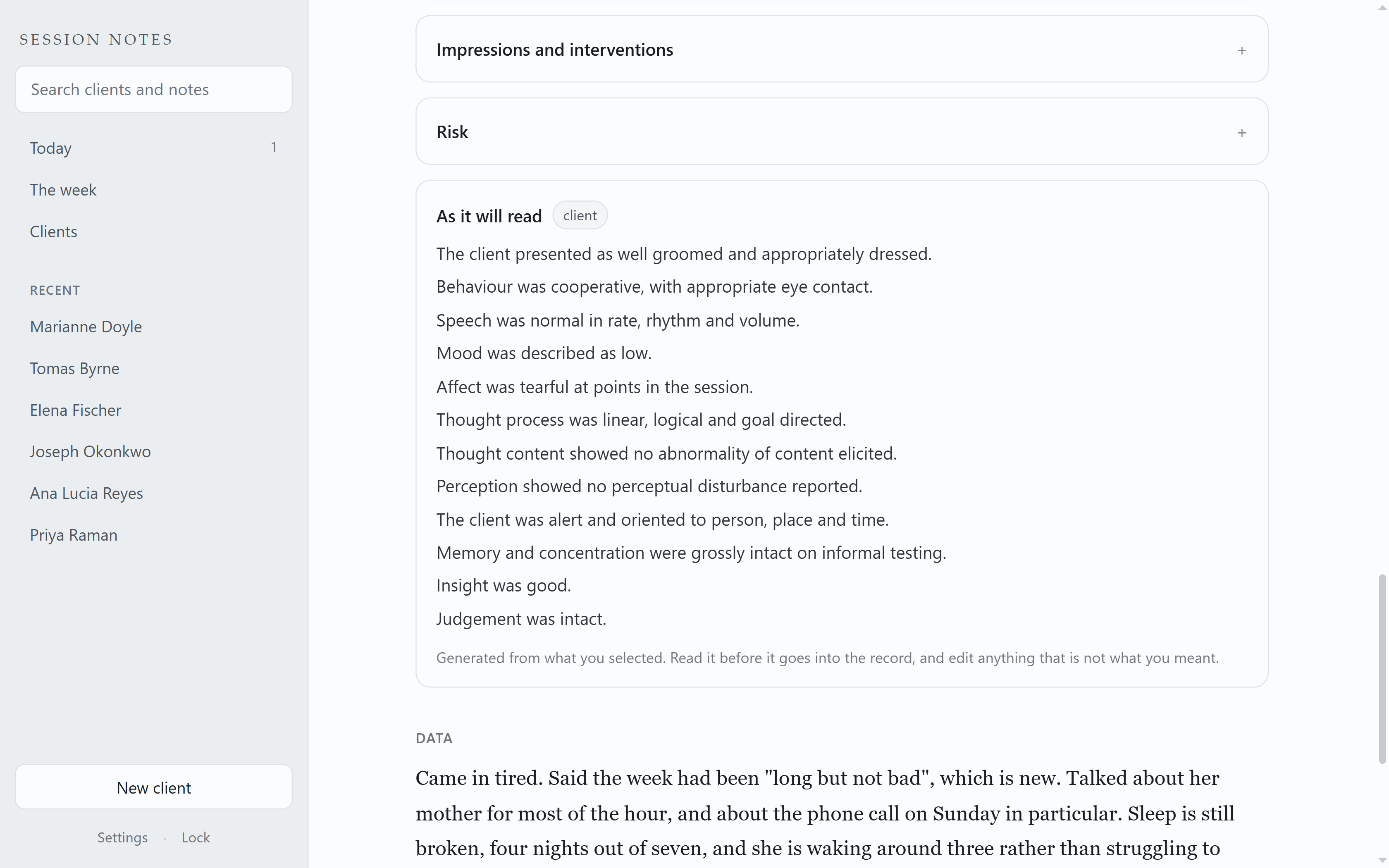 The generated clinical paragraph, listing twelve mental status exam findings in plain sentences, above the written note.