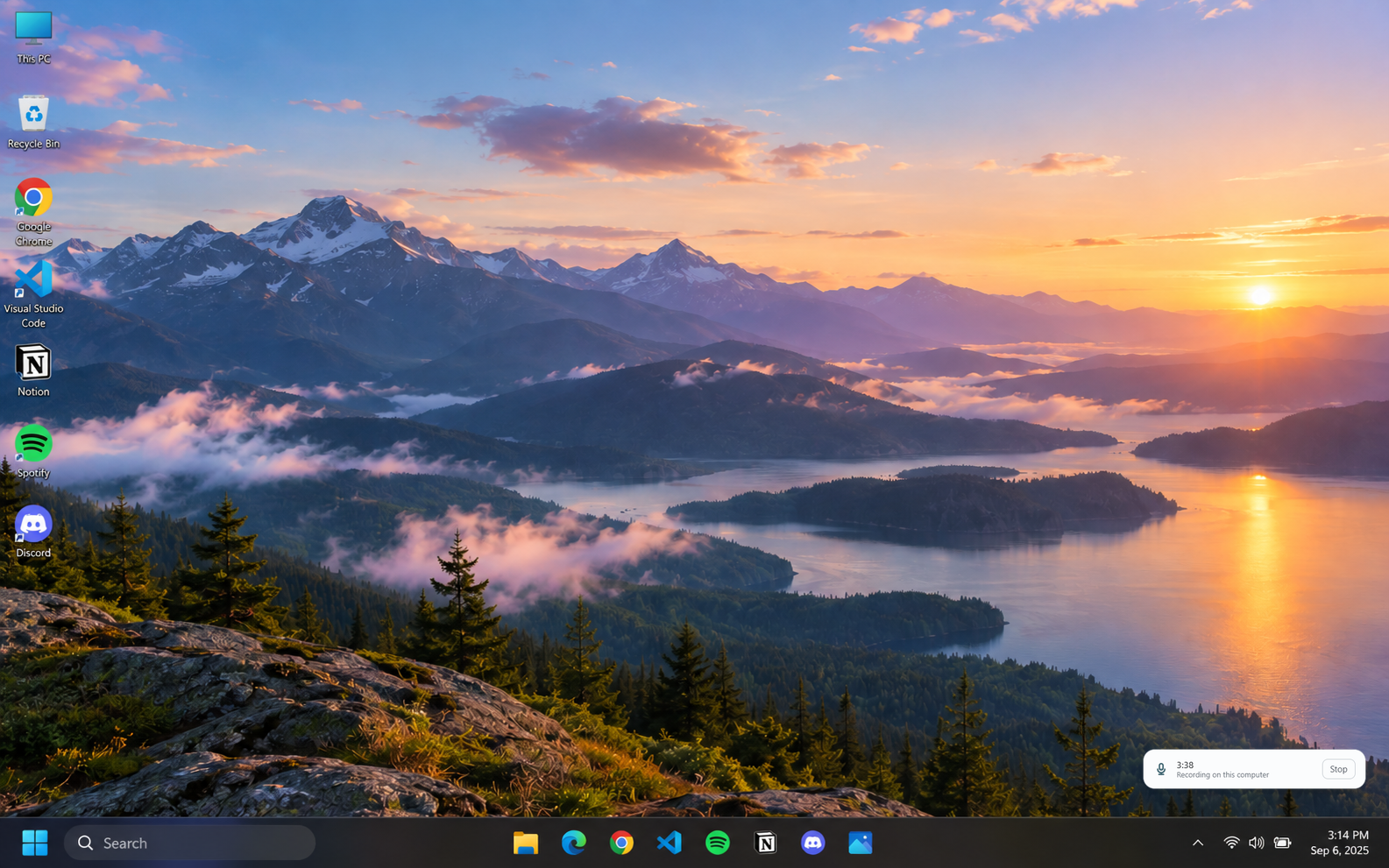 A desktop with the note window minimised to the taskbar, and a small strip floating in the bottom right corner reading three minutes thirty eight, "Recording on this computer", and a Stop button.