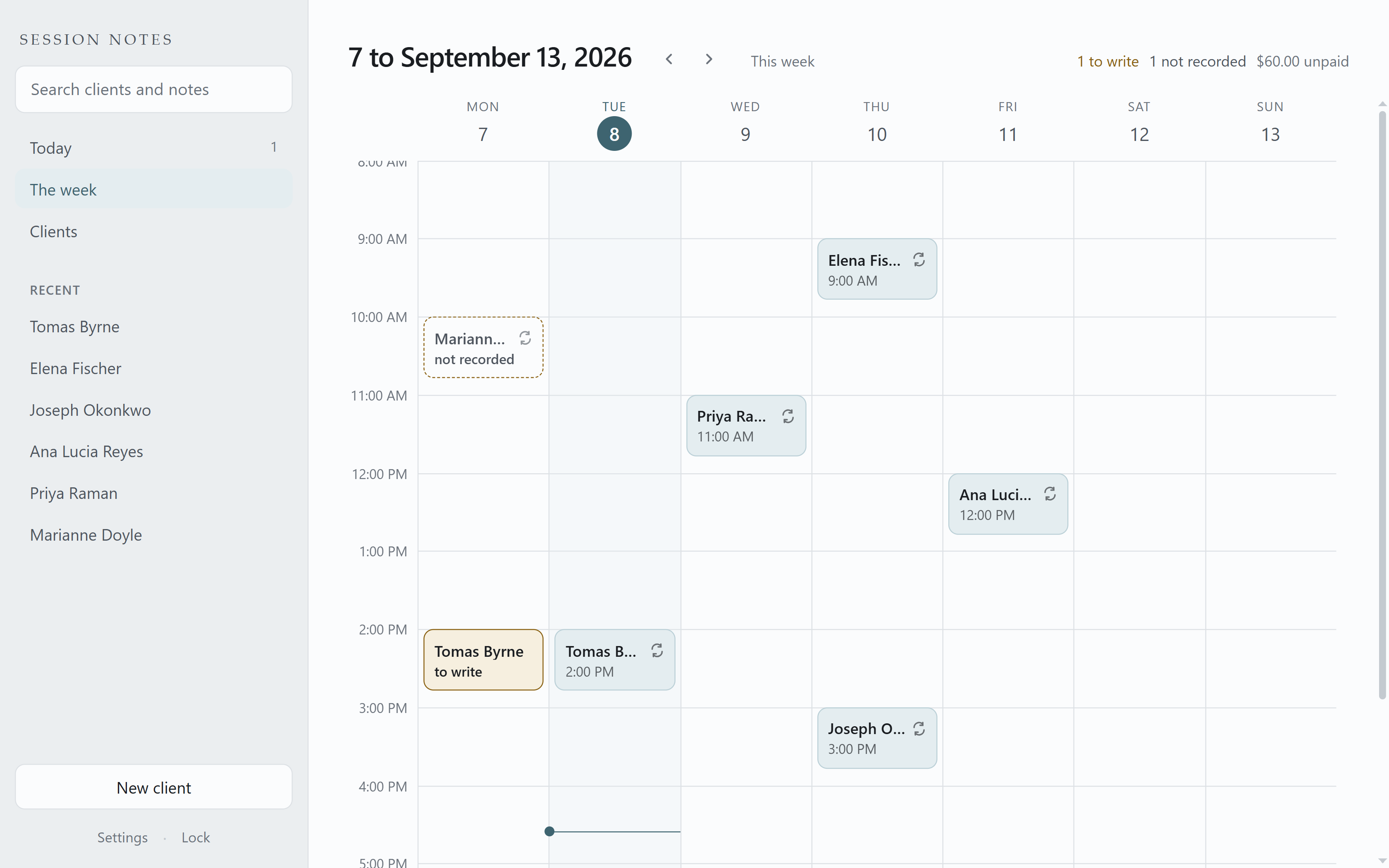 The week view: a seven day grid with appointments laid out by time, one highlighted in amber and labelled "to write", one drawn with a dashed outline and struck through, labelled "cancelled", and a heading reading "1 to write, 180.00 unpaid".